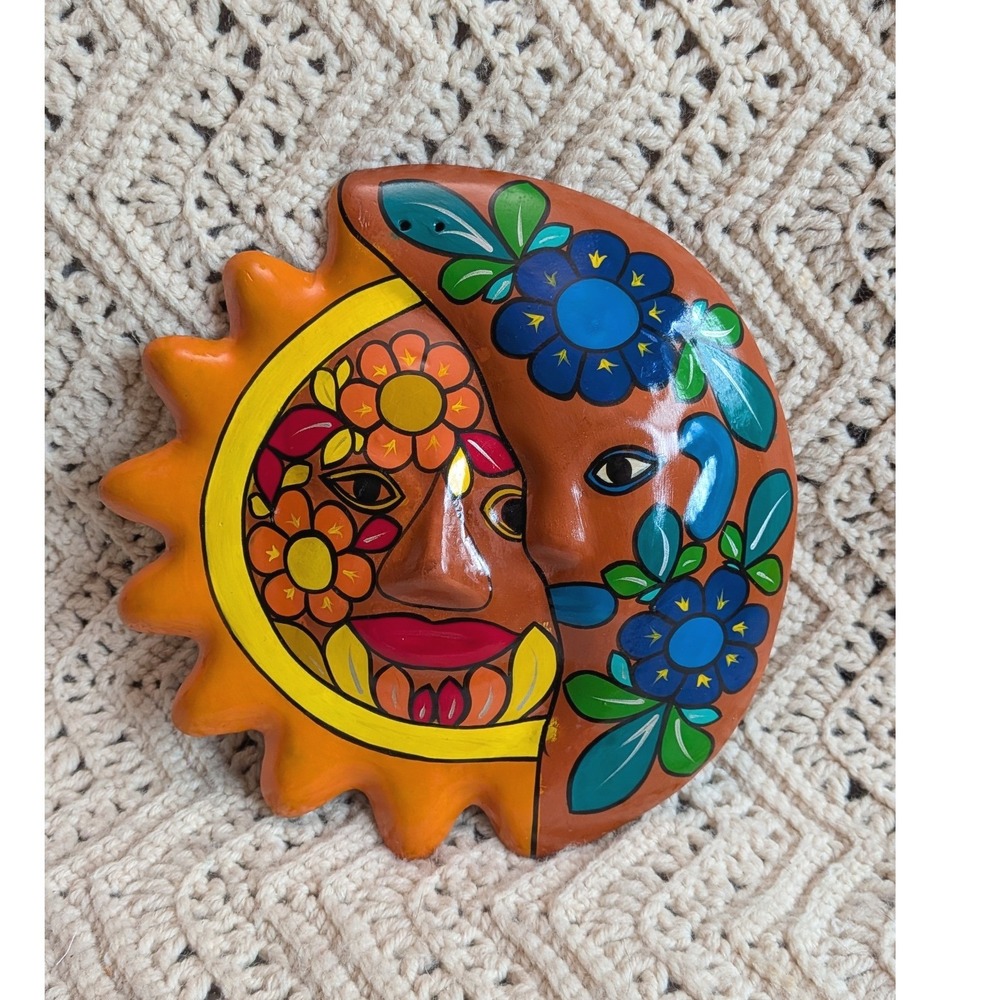 Vintage Mexican Folk Art Clay Sun Moon Face Wall Plaque Hand Painted Terracotta